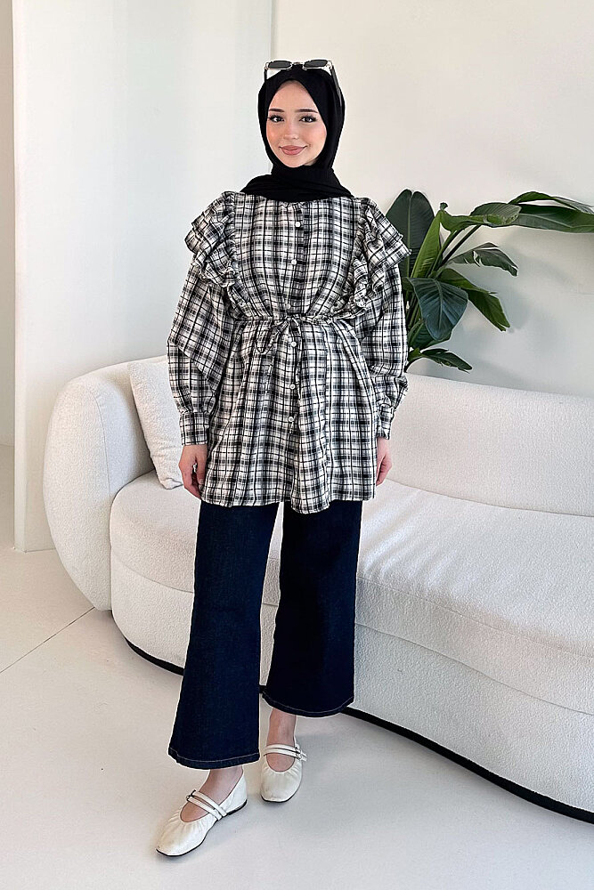 Bağcık Detaylı Ekose Gömlek - Ekru - 1