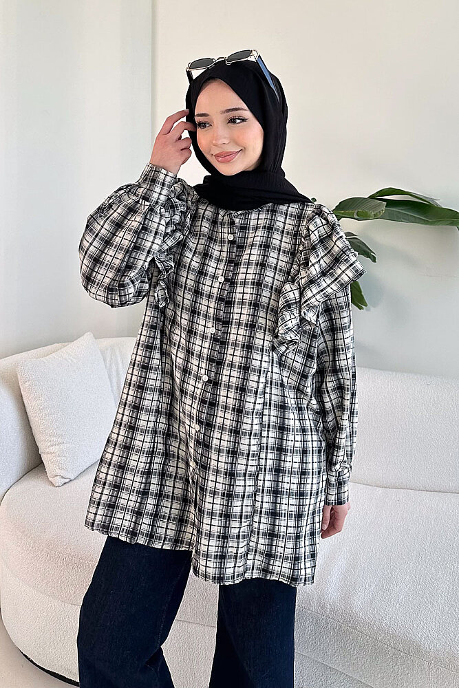 Bağcık Detaylı Ekose Gömlek - Ekru - 4