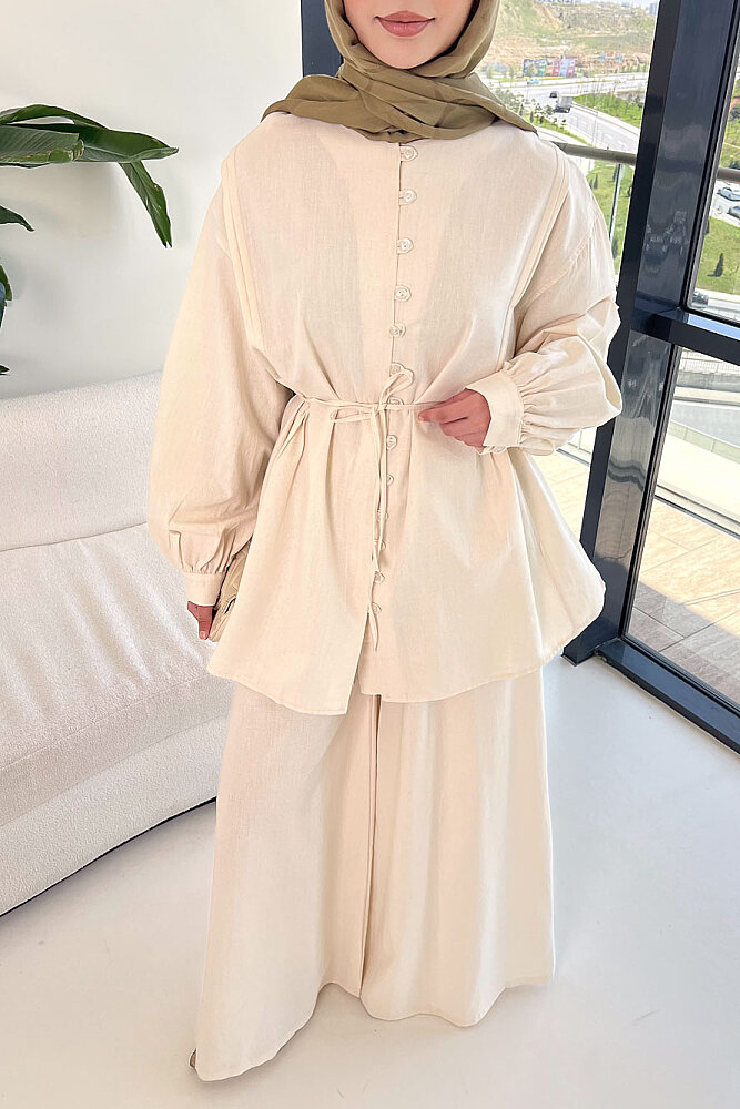 Bağcık Detaylı Keten Pantolon Takım - Bej - ENMA (5)