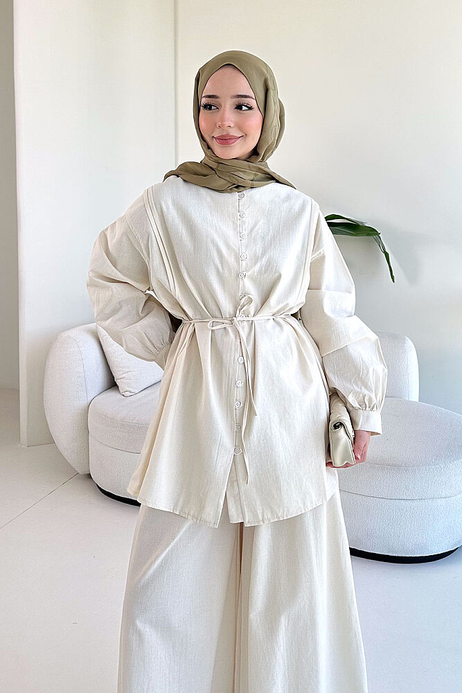 Bağcık Detaylı Keten Pantolon Takım - Bej - 4