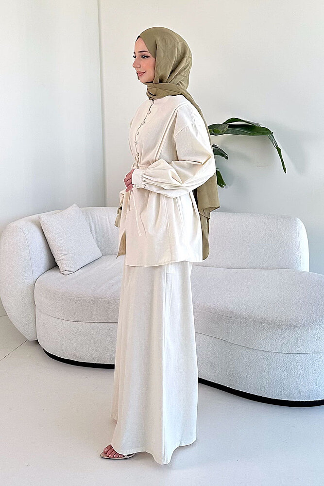 Bağcık Detaylı Keten Pantolon Takım - Bej - ENMA (2)