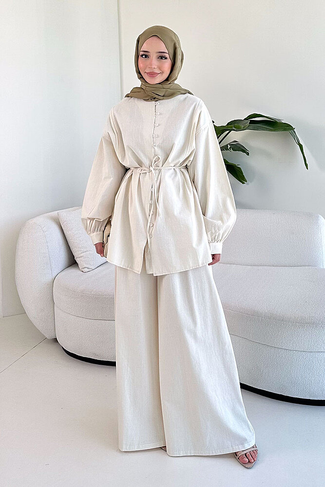 Bağcık Detaylı Keten Pantolon Takım - Bej - 5