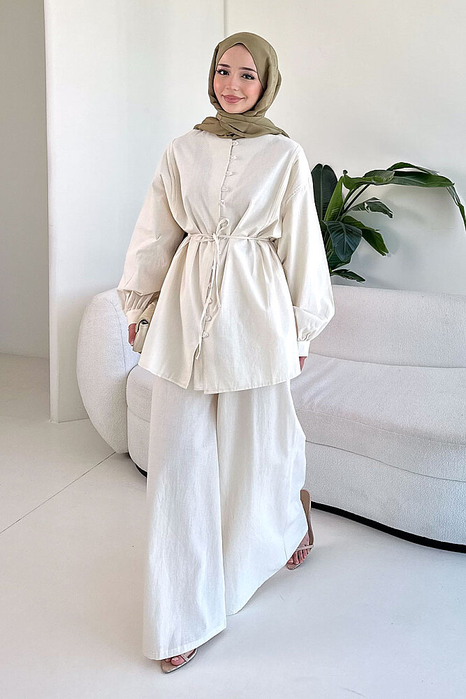 Bağcık Detaylı Keten Pantolon Takım - Bej - 7