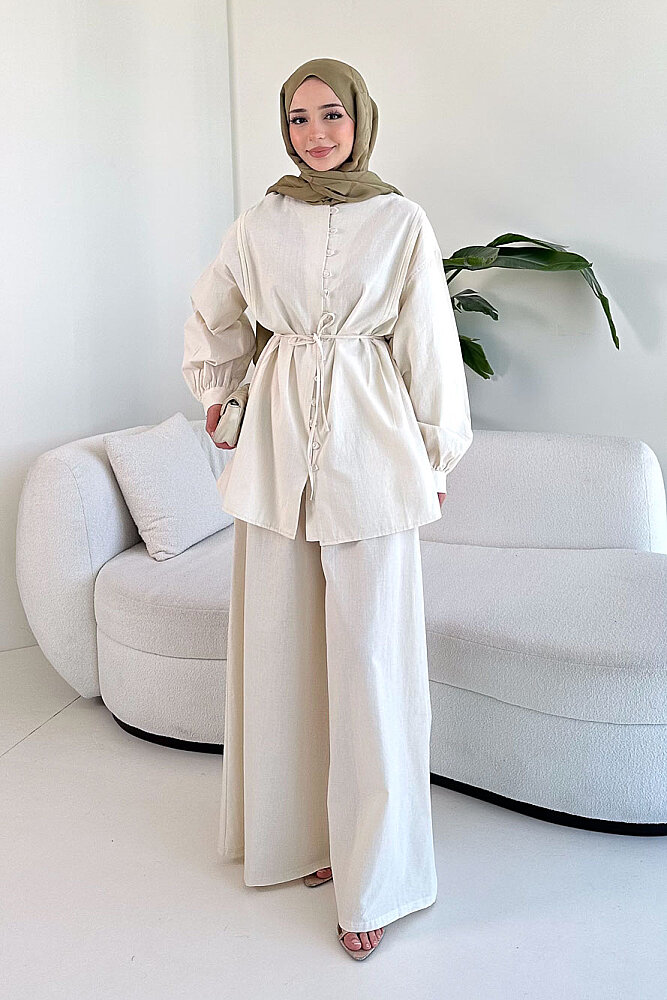 Bağcık Detaylı Keten Pantolon Takım - Bej - 1
