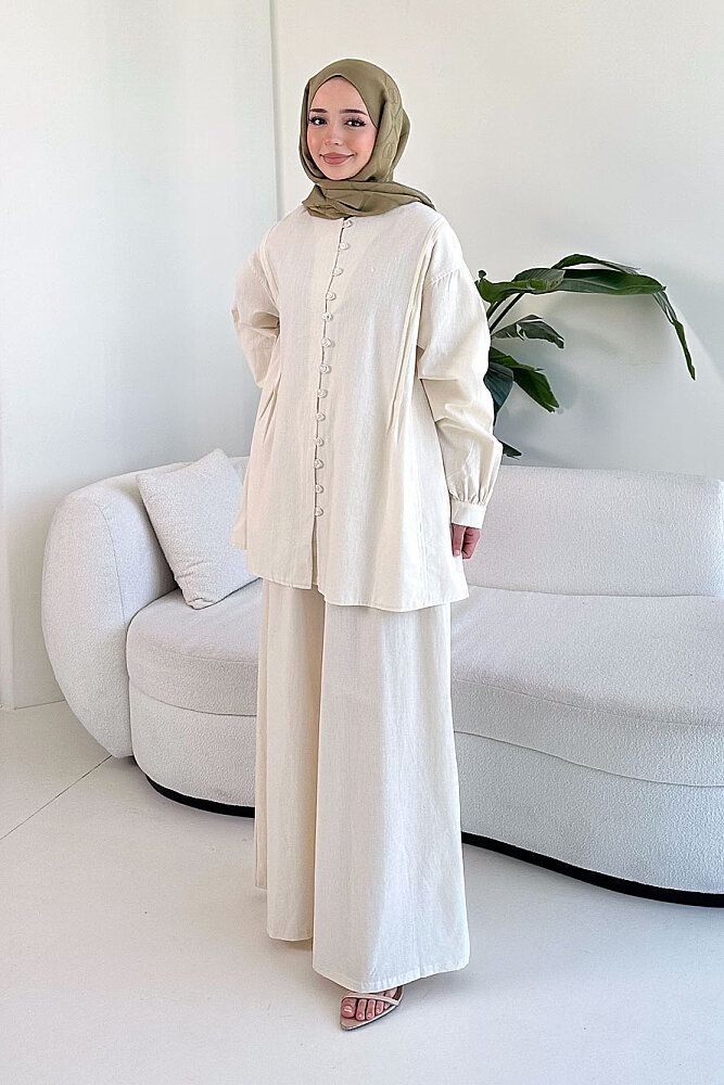 Bağcık Detaylı Keten Pantolon Takım - Bej - ENMA (1)