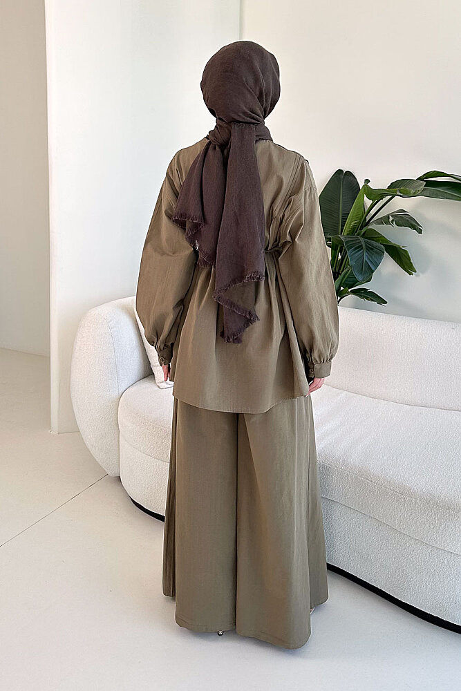 Bağcık Detaylı Keten Pantolon Takım - Haki - 8