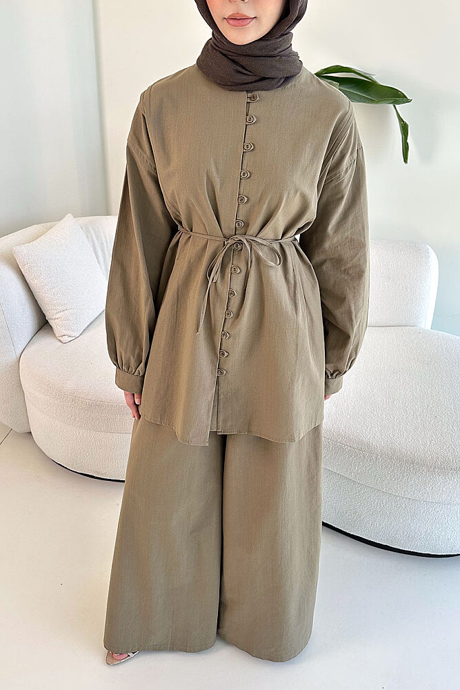 Bağcık Detaylı Keten Pantolon Takım - Haki - 5