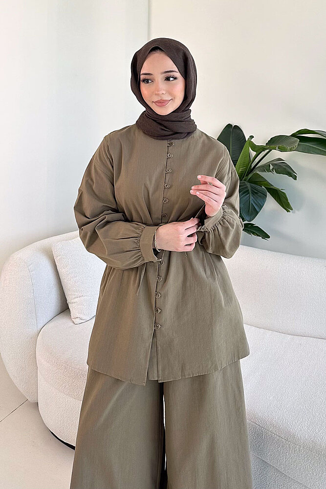 Bağcık Detaylı Keten Pantolon Takım - Haki - 3