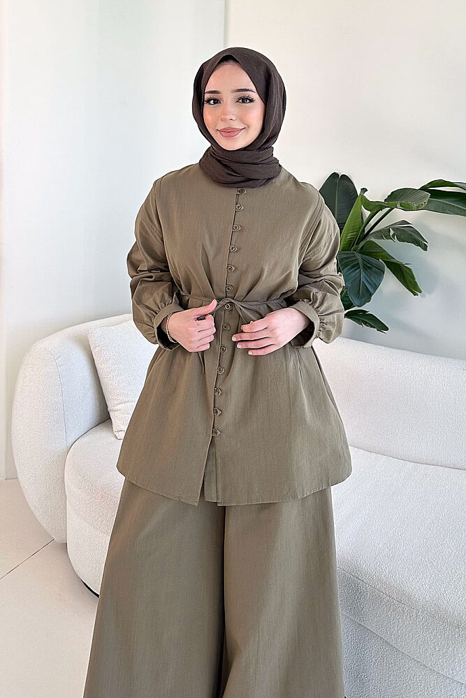 Bağcık Detaylı Keten Pantolon Takım - Haki - 6