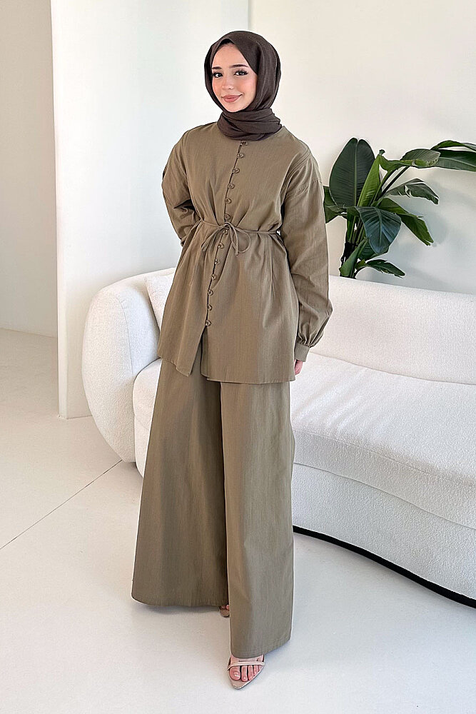 Bağcık Detaylı Keten Pantolon Takım - Haki - 4