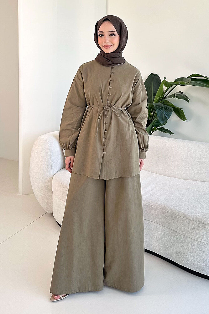 Bağcık Detaylı Keten Pantolon Takım - Haki - 1