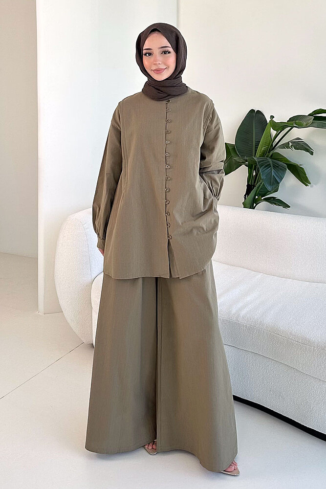 Bağcık Detaylı Keten Pantolon Takım - Haki - 7