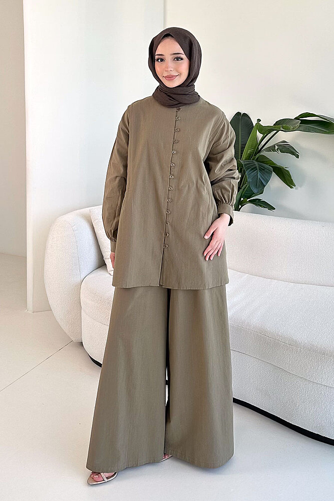 Bağcık Detaylı Keten Pantolon Takım - Haki - 2