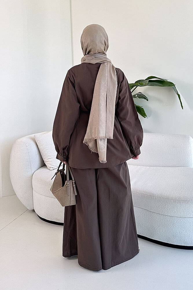 Bağcık Detaylı Keten Pantolon Takım - Kahverengi - 6