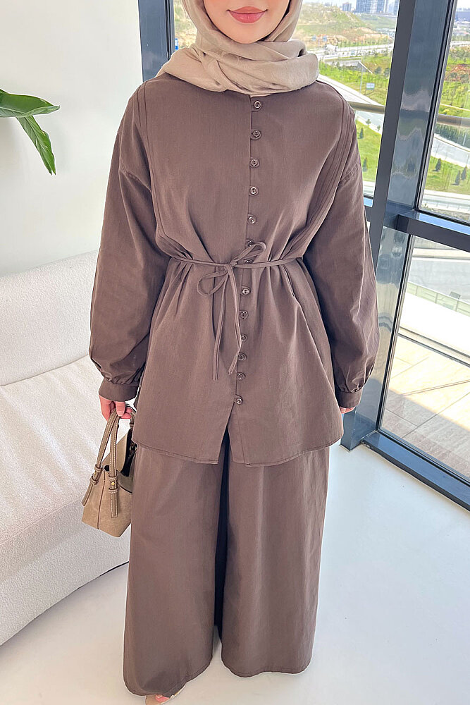 Bağcık Detaylı Keten Pantolon Takım - Kahverengi - 4