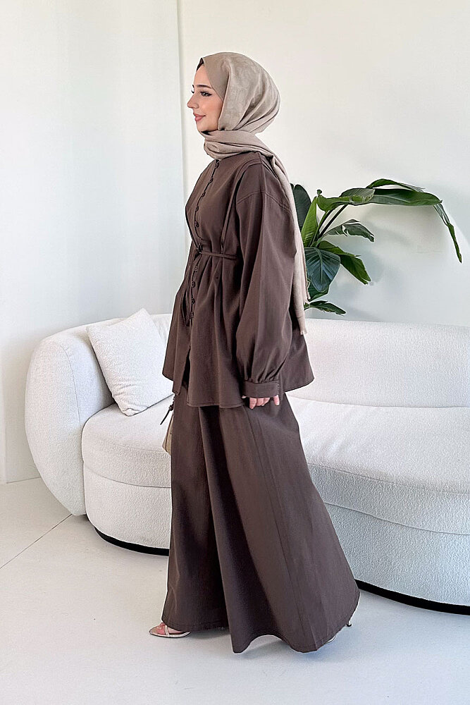 Bağcık Detaylı Keten Pantolon Takım - Kahverengi - 3