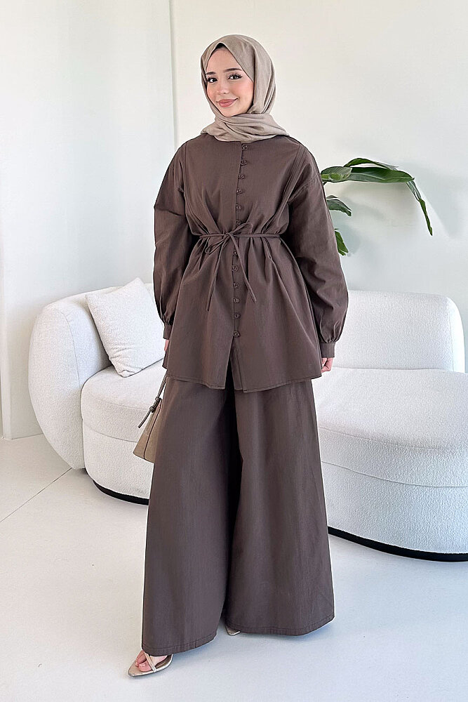Bağcık Detaylı Keten Pantolon Takım - Kahverengi - 1