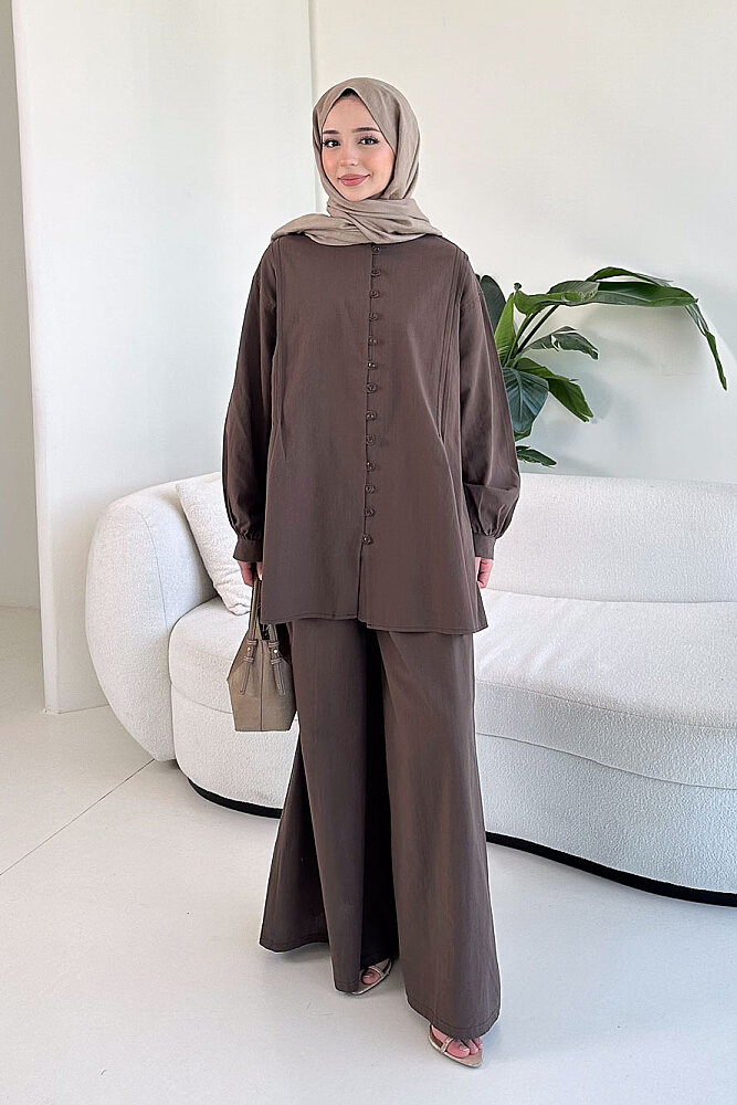 Bağcık Detaylı Keten Pantolon Takım - Kahverengi - 2