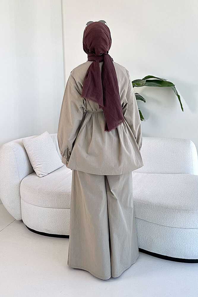 Bağcık Detaylı Keten Pantolon Takım - Vizon - 8