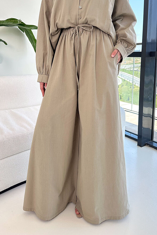 Bağcık Detaylı Keten Pantolon Takım - Vizon - 4