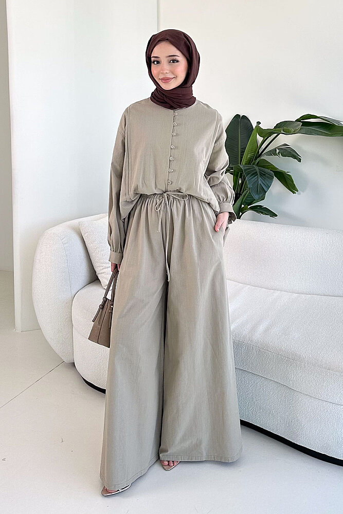 Bağcık Detaylı Keten Pantolon Takım - Vizon - 1