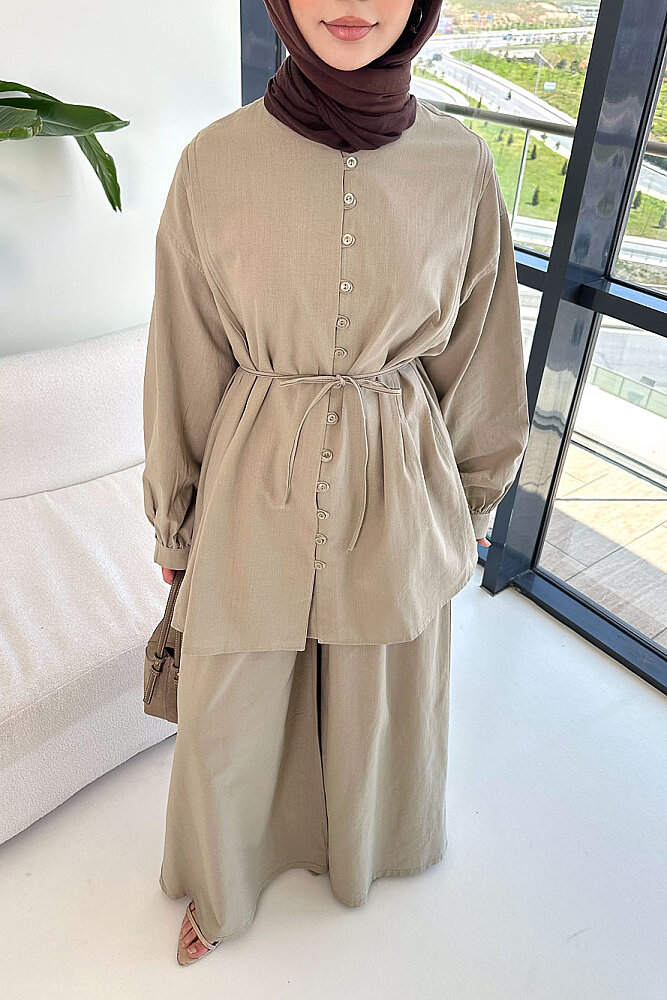 Bağcık Detaylı Keten Pantolon Takım - Vizon - 7