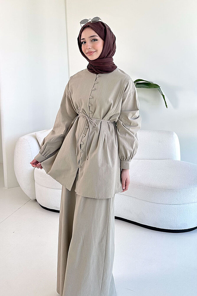 Bağcık Detaylı Keten Pantolon Takım - Vizon - 5