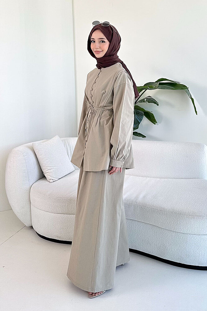 Bağcık Detaylı Keten Pantolon Takım - Vizon - 6