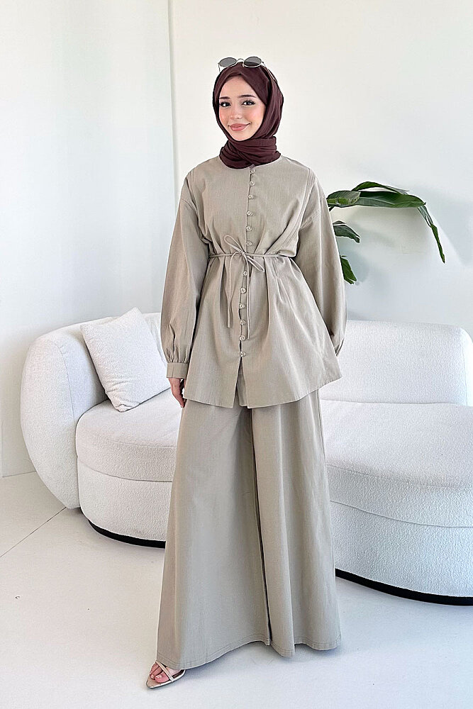 Bağcık Detaylı Keten Pantolon Takım - Vizon - 3