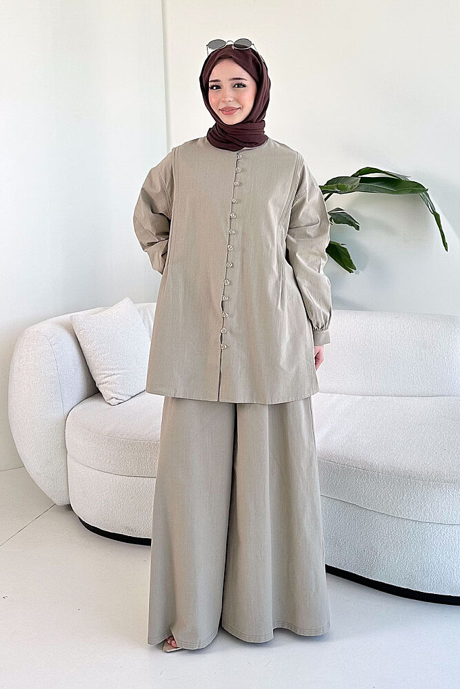 Bağcık Detaylı Keten Pantolon Takım - Vizon - 2