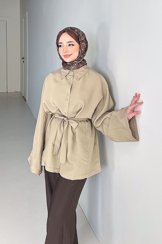 Bağcık Detaylı Klasik Gömlek - Haki - 5