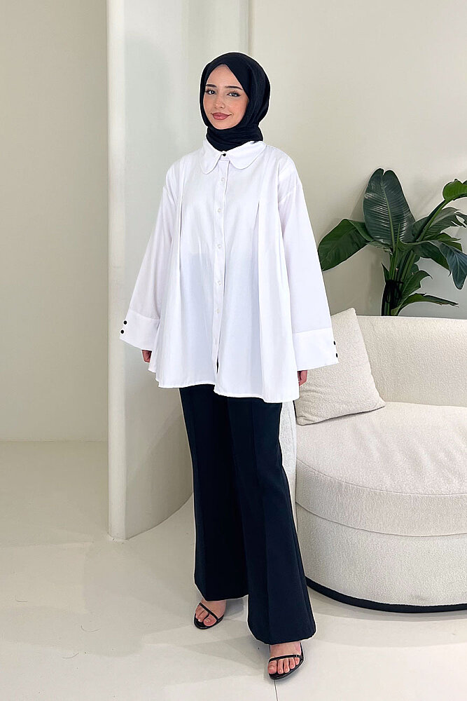 Bağcık Detaylı Pileli Gömlek - Beyaz - ENMA (3)