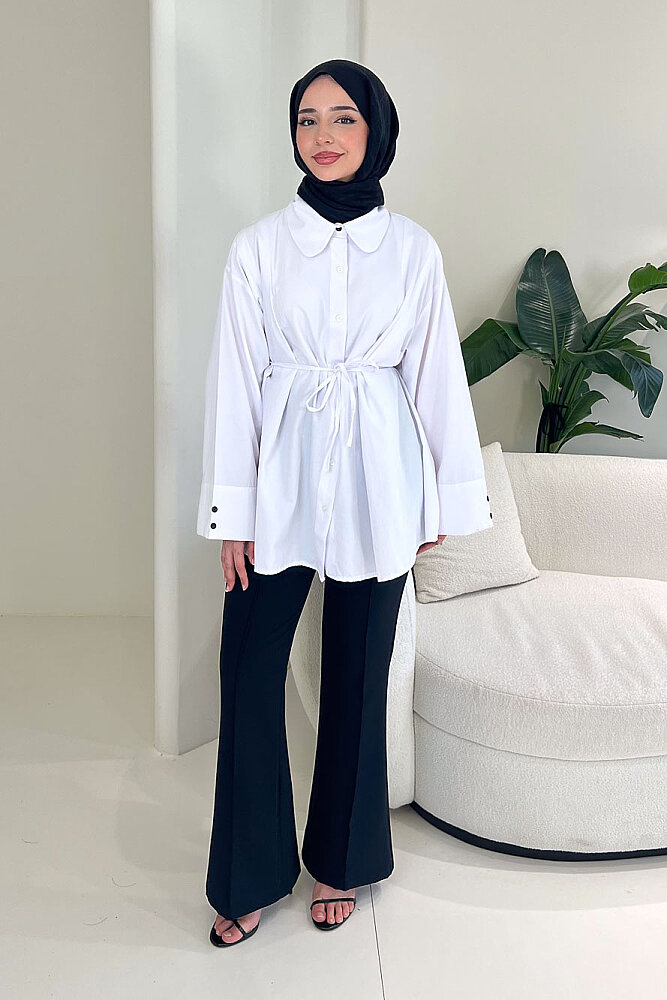 Bağcık Detaylı Pileli Gömlek - Beyaz - ENMA (1)