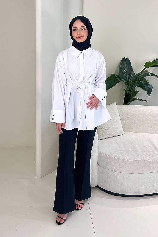 Bağcık Detaylı Pileli Gömlek - Beyaz - ENMA (5)