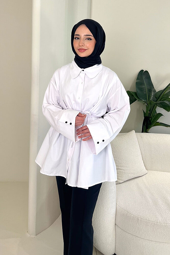 Bağcık Detaylı Pileli Gömlek - Beyaz - ENMA (0)