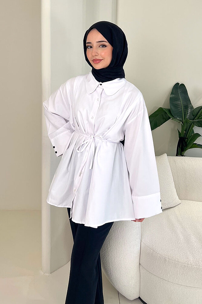Bağcık Detaylı Pileli Gömlek - Beyaz - 7