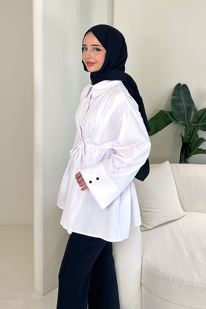 Bağcık Detaylı Pileli Gömlek - Beyaz - ENMA (4)