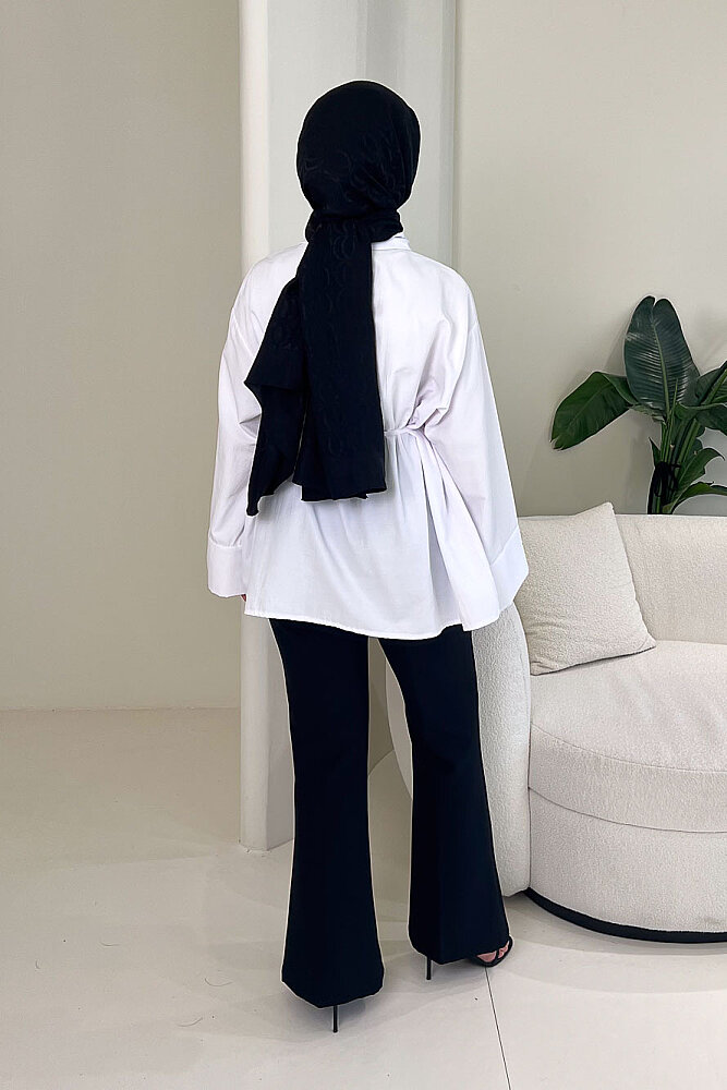 Bağcık Detaylı Pileli Gömlek - Beyaz - 8