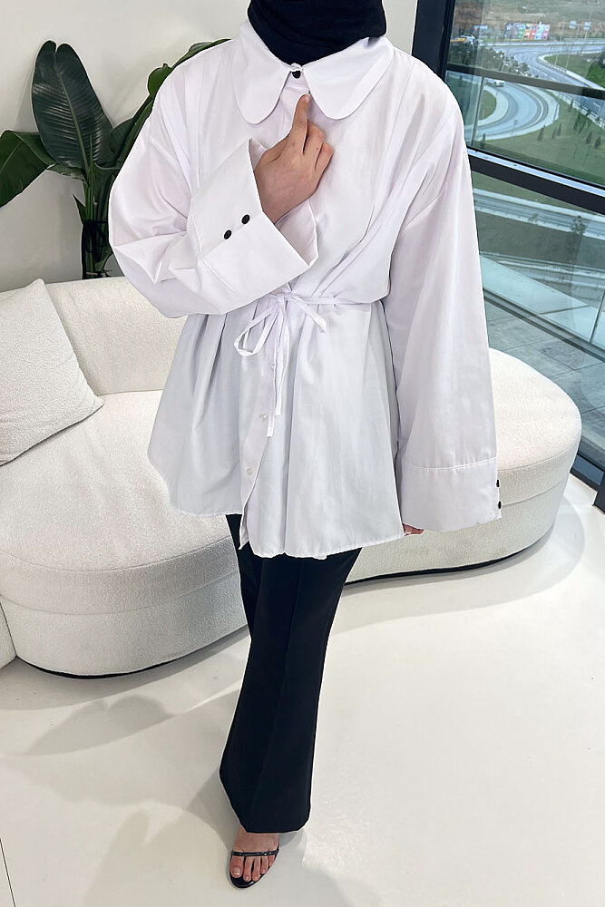 Bağcık Detaylı Pileli Gömlek - Beyaz - 3