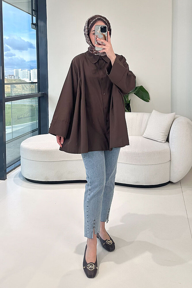 Bağcık Detaylı Pileli Gömlek - Kahverengi - ENMA (5)