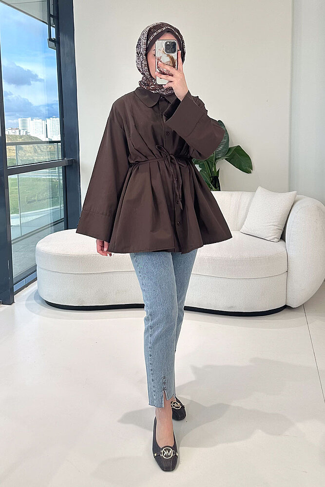 Bağcık Detaylı Pileli Gömlek - Kahverengi - 1