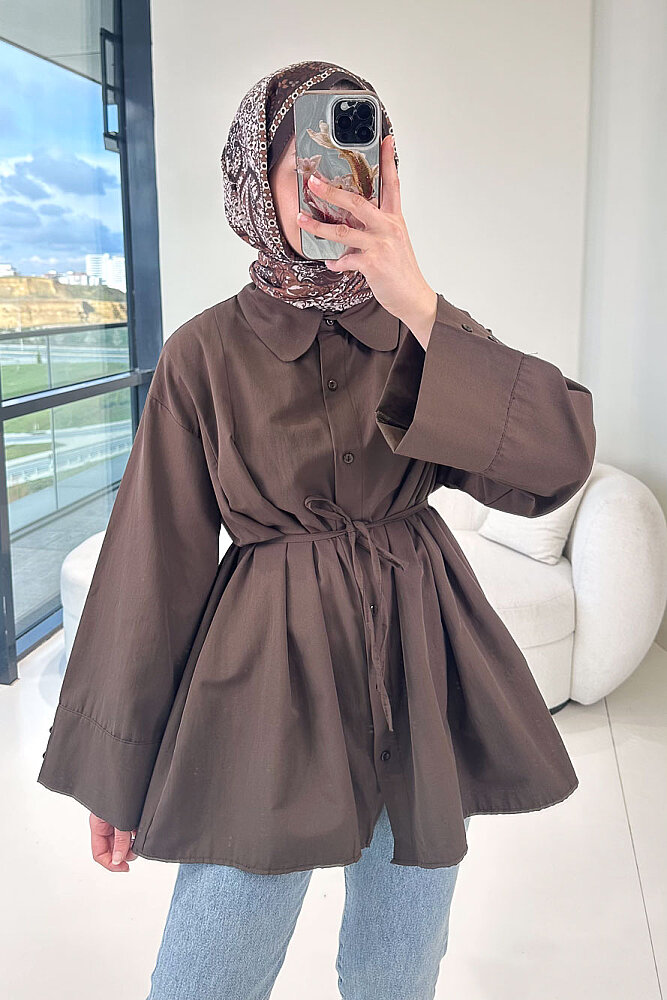 Bağcık Detaylı Pileli Gömlek - Kahverengi - 4