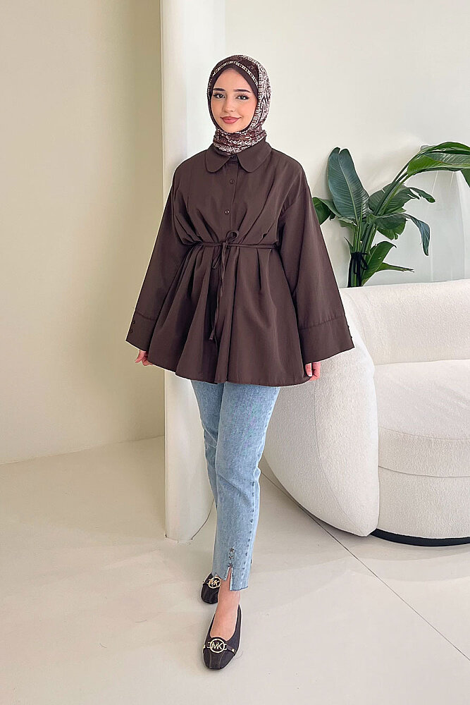 Bağcık Detaylı Pileli Gömlek - Kahverengi - ENMA (2)