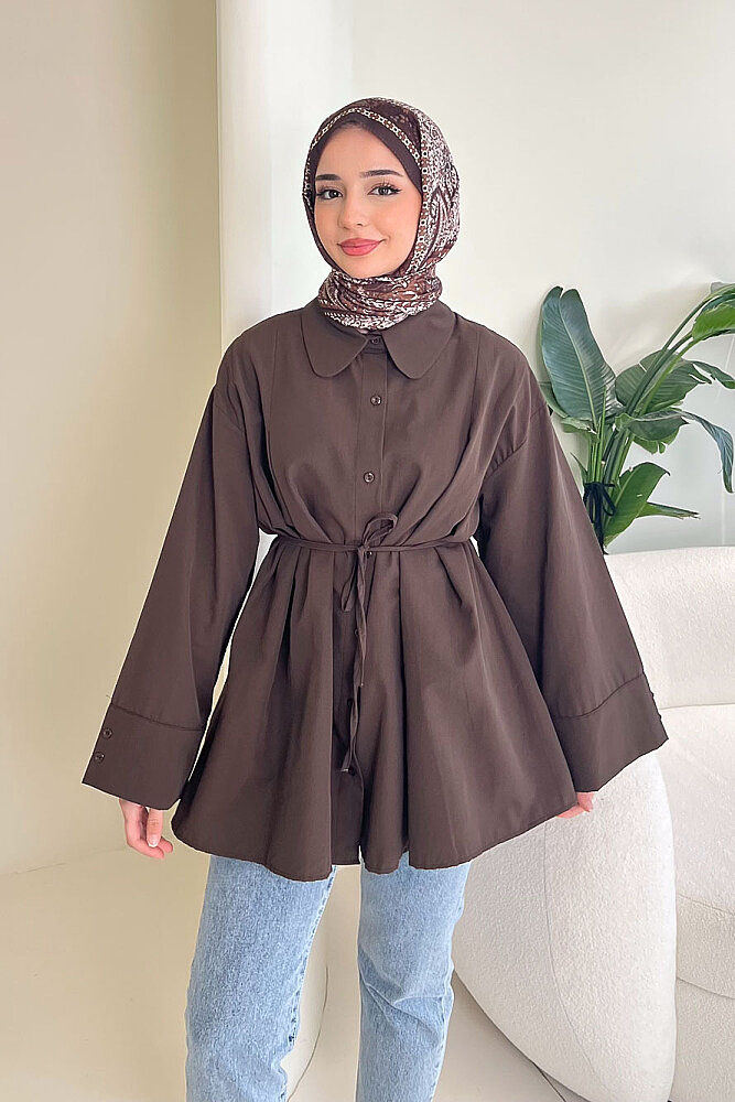 Bağcık Detaylı Pileli Gömlek - Kahverengi - 2