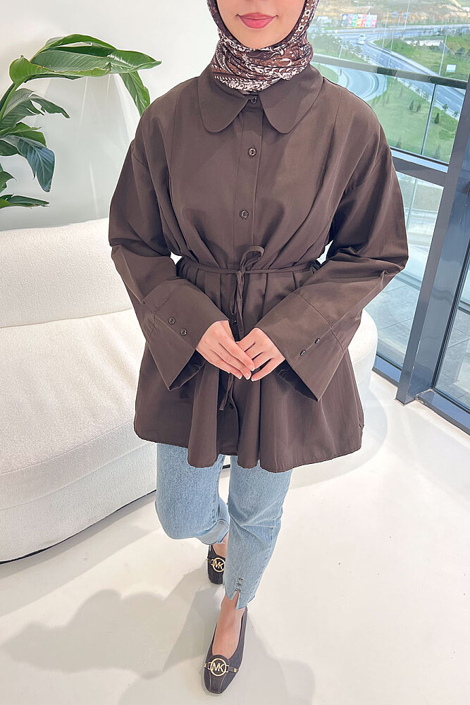 Bağcık Detaylı Pileli Gömlek - Kahverengi - ENMA (4)