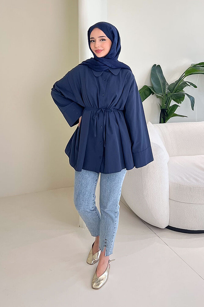 Bağcık Detaylı Pileli Gömlek - Lacivert - ENMA (3)