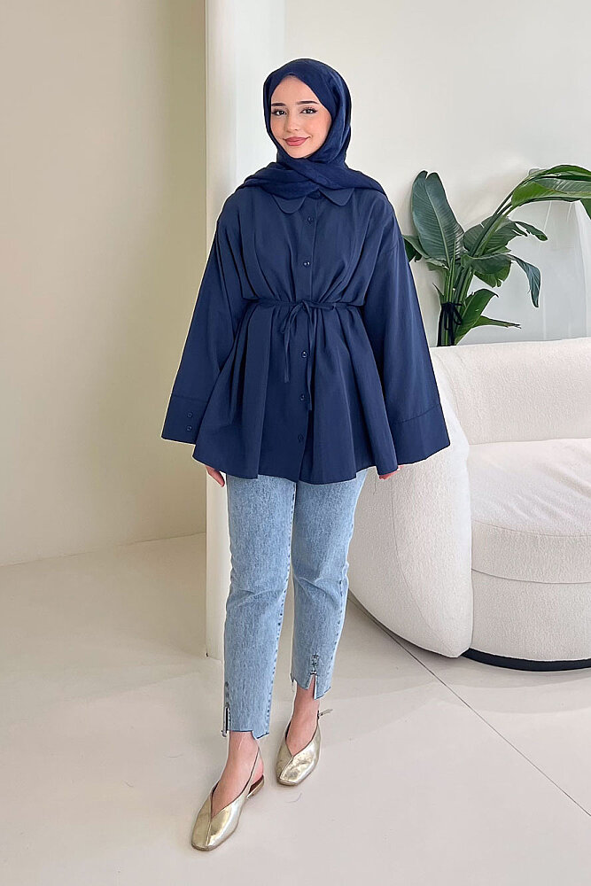 Bağcık Detaylı Pileli Gömlek - Lacivert - 1