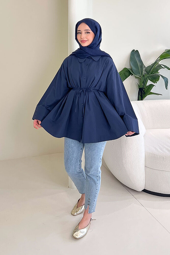 Bağcık Detaylı Pileli Gömlek - Lacivert - 6