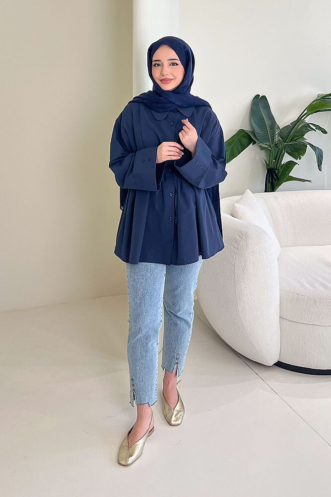 Bağcık Detaylı Pileli Gömlek - Lacivert - 8