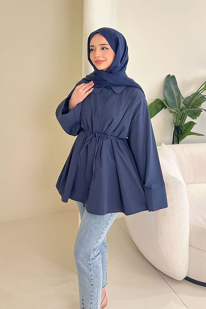 Bağcık Detaylı Pileli Gömlek - Lacivert - 2